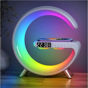 Smart LED Table Lamp, 4-in-1 Wireless Charger, Night Light, Alarm Clock, and Bluetooth Speaker with App Control for Bedroom, Office, and Home Decor (White) (White)