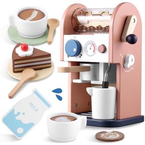 GAGAKU Wooden Coffee Maker Toy 14 pcs Play Kitchen Accessories Toy Coffee Maker for Kids Pretend Playset Toddler Coffee Maker Gifts for Boys and Girls (Coral Brown)