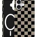 Jusy Compatible with MagSafe Checkerboard Phone Case for iPhone 16, Cute Aesthetic Checkered Magnetic Soft TPU & Hard PC Protective Phone Cover for Women Girls（Matte） - Coffee
