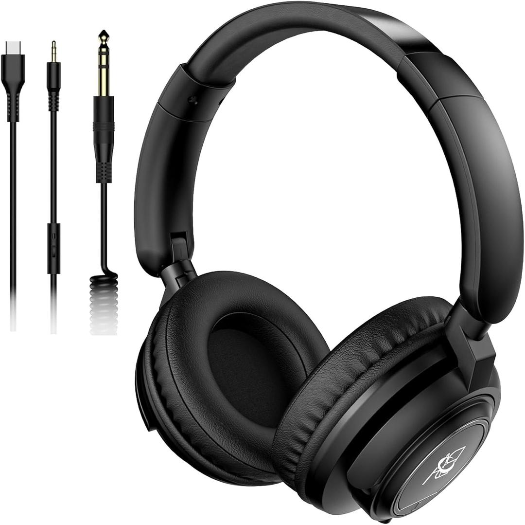 Wired Over Ear Headphones Studio Monitor & Mixing DJ Stereo Headsets with 50mm Drivers and 1/4 to 3.5mm Jack for Cellphone Type C AMP Computer Recording Podcast Keyboard Guitar Laptop Black