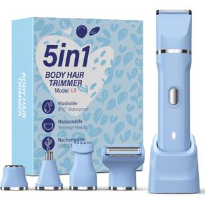 5-in-1 Bikini Trimmer for Women, IPX7 Waterproof Electric Razors Shaver, Cordless Body Hair Trimmer, Facial & Pubic Hair Removal, Ceramic Blade (Sky Blue)
