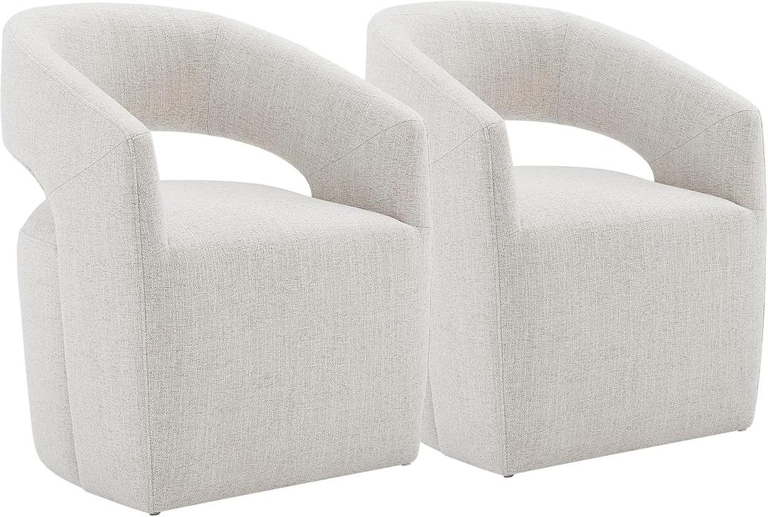 Upholstered Dining Chairs with Casters No Assembly Modern Barrel Armchair with Rollers for Diningroom Bedroom Livingroom Reading Room,Set of 2,White