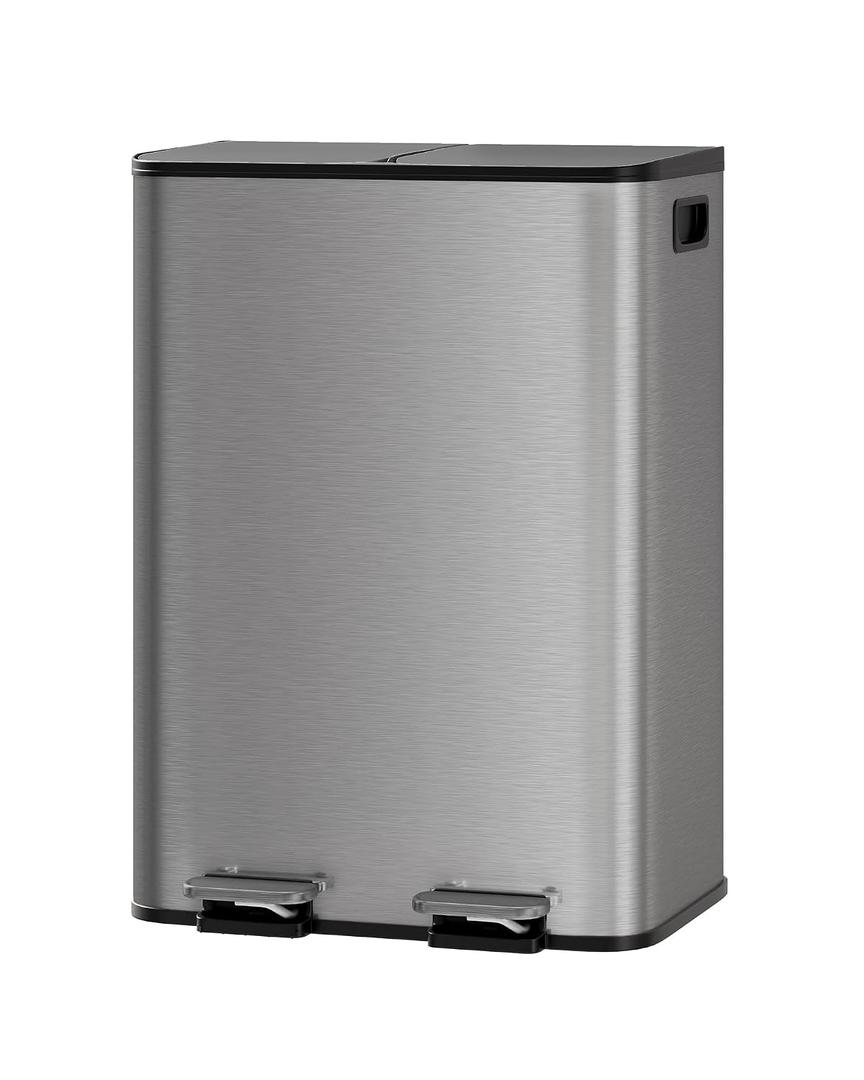 GarveeHome 2x8 Gal Dual Kitchen Trash Can Stainless Steel Step Pedal Gray