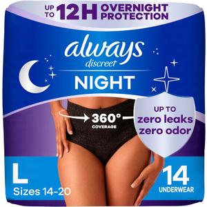Always Discreet Adult Incontinence Overnight Underwear for Women, Large, Up to 100% Bladder Leak Protection, 14 Count
