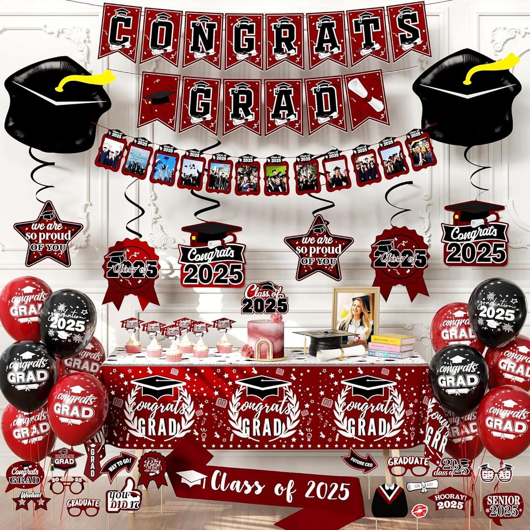 Graduation Decorations Class Of 2025,Graduation Photo Booth Props,Balloons Of Number 2025,Hanging Swirls,Tablecloth,Cake Topper,Sash For Men Women Graduation Party Decorations (Maroon)