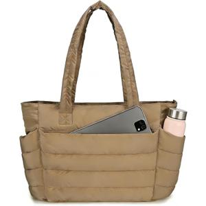 Urbanstand Tote Bag for Women - Lightweight Puffer Tote Work Bags with Compartments, Quilted Shoulder Bag for Nurse, Office, Travel, Gym, Brown