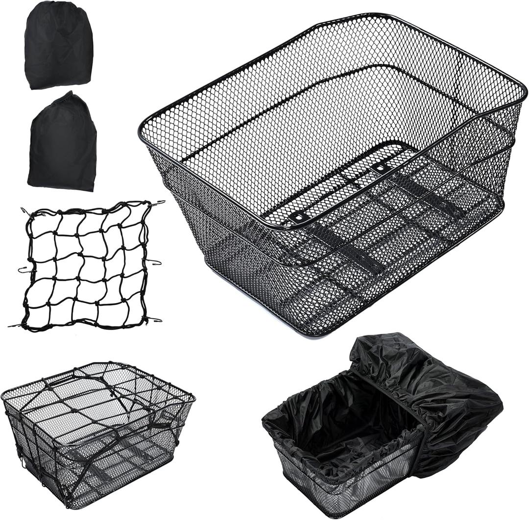KAUFU Rear Bike Basket with Waterproof Cover and Adjustable Cargo Net, Large Bicycle Cargo Rack Storage Basket, Universal for Most Rear Bike Racks Fit for Shopping, Pets and Daily Outings