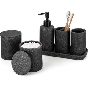 ZCCZ Black Bathroom Accessories Set 6 Pcs- Toothbrush Holder, Lotion Dispenser, 2 Qtip Container, Vanity Tray, Tumbler for Countertop Organizer - Modern Bathroom Decor and Storage Solution