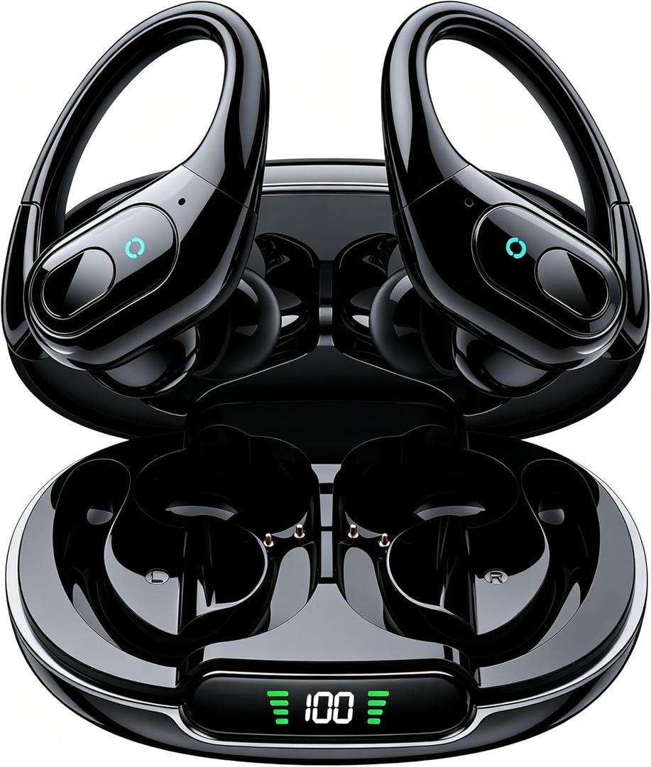 occiam Active Noise Cancelling Earbuds Wireless Bluetooth Headphones Ear Buds 90Hrs Playback Stereo Bass Earphones with Mic Over-Ear Hooks IPX7 Waterproof Headset for Work Sports Running Glossy Black