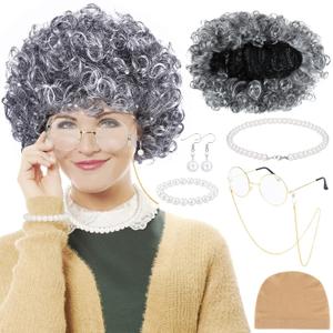 Grandma Costume Set Wig Glasses Pearls Bracelet Wig Cap