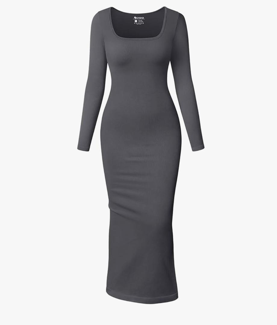 OQQ Women's Long Sleeve Maxi Dress Square Neck Ribbed Bodycon Lounge Soft Dresses, Small