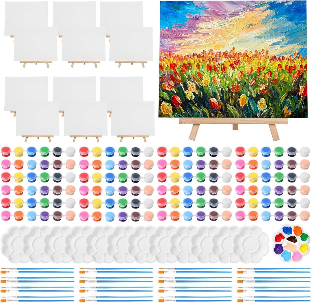 Qilery 12 Set Acrylic Paint Kit Mini Stretched Canvas with Easel, Acrylic Paints Strips, Brushes, Palette, Art Set for Adults Birthday Party Favors (8 x 10 Inch)