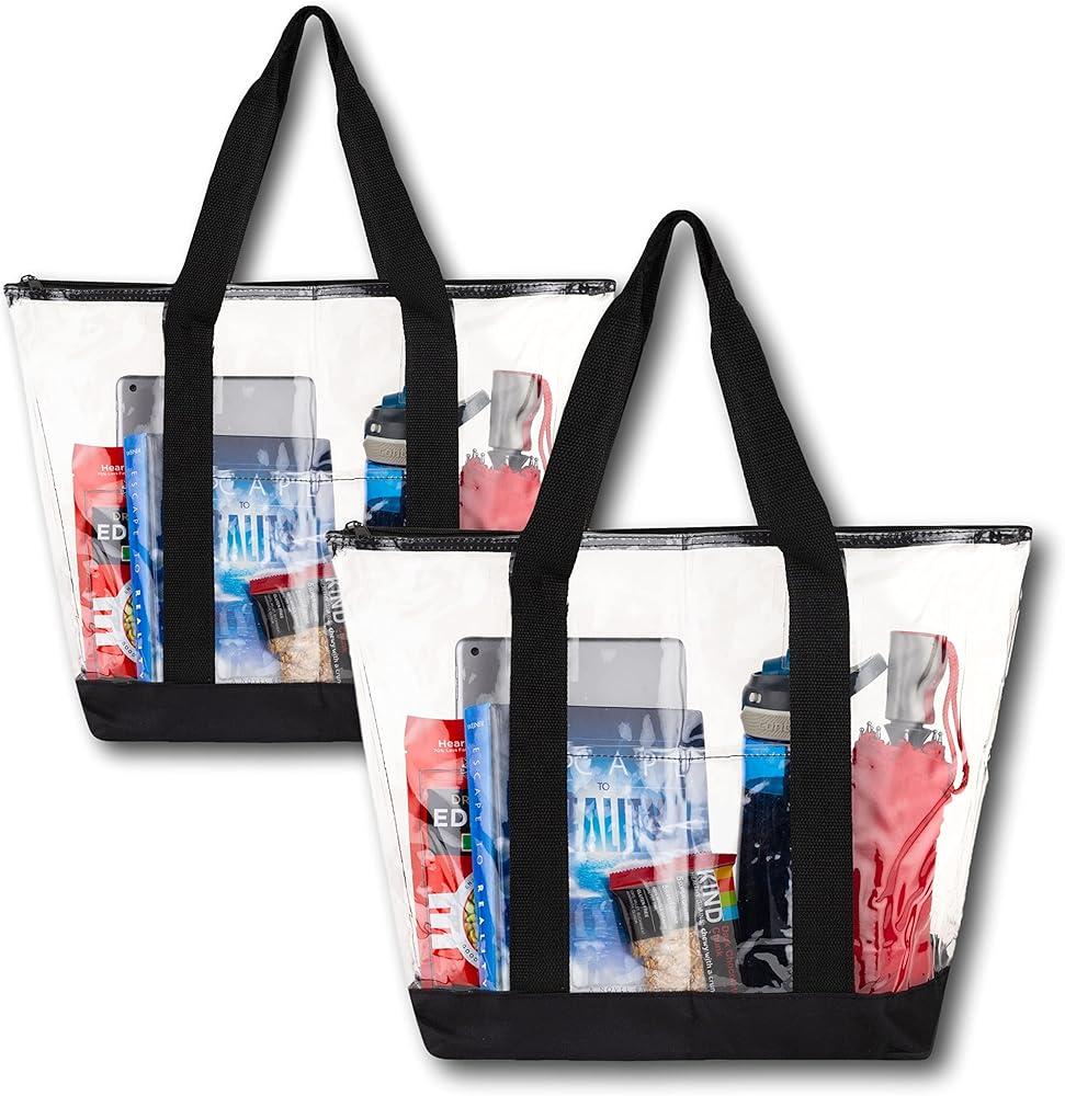 [Pack Of 2] Clear Tote Bags for Work, Beach, Stadium, Security Approved With Zipper Closure, Black, 19" 14" 6"