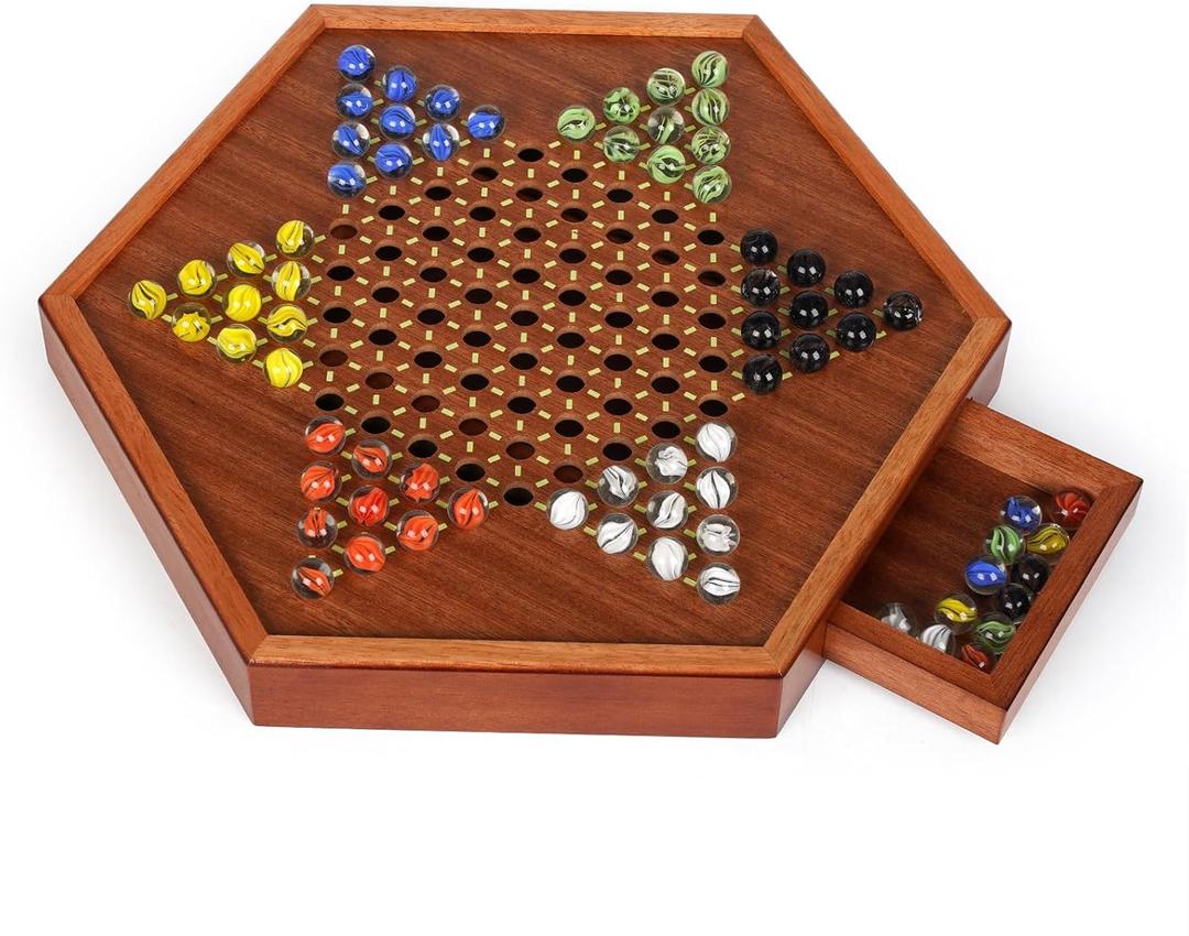 15-Inch Wooden Chinese Checkers Board Game Set Classic Strategy Game with 72 Glass Marbles, Dual-Sided Storage Drawer, Family Board Games for Adults, Educational Travel and Indoor Game