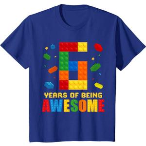 Kids 6 Year Old Birthday Boy Being Awesome Building Bricks 6th T-Shirt (Black)