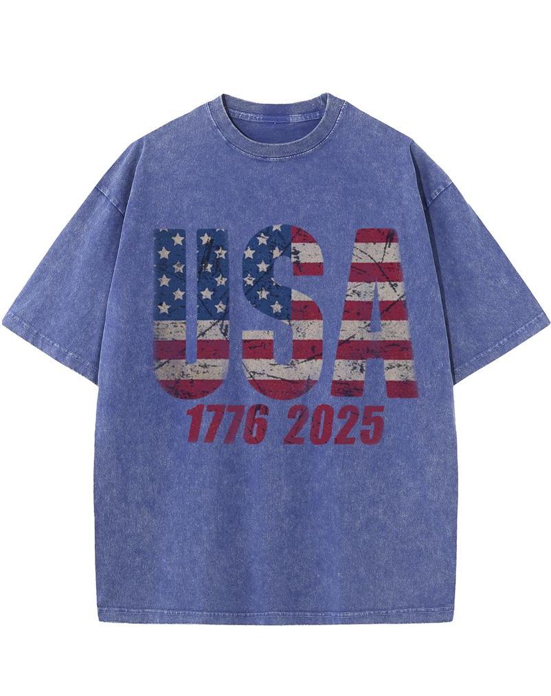 4th of July USA Shirts for Men - 2025 Oversized Crewneck American Flag USA 1776-2025 Shirts L