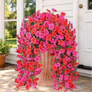 Realistic Artificial Flowers for Outdoors, 8 PCS Full UV Resistant Artificial Outdoor Flowers, Large Size Faux Flowers for Outdoor planters Fake Hanging Flowers Plants for Porch, Front Door, Garden (Purple Red+red)