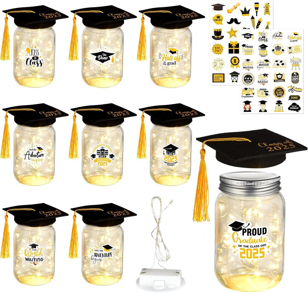 8 Set Graduation Table Decor Set Graduation Jar Decorations with LED Lights Class of 2025 Gifts Ideal Graduations Gifts Hats Stickers LED String Light for High School College