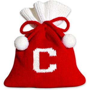 2 x Christmas Knit Drawstring Gift Bag Xmas Red and White Santa Sack with Alphabet Letter Design Reusable Wrapping Bag for Xmas Candy Goodie Party Favor 6.5 x 5.1 Inch Letter C