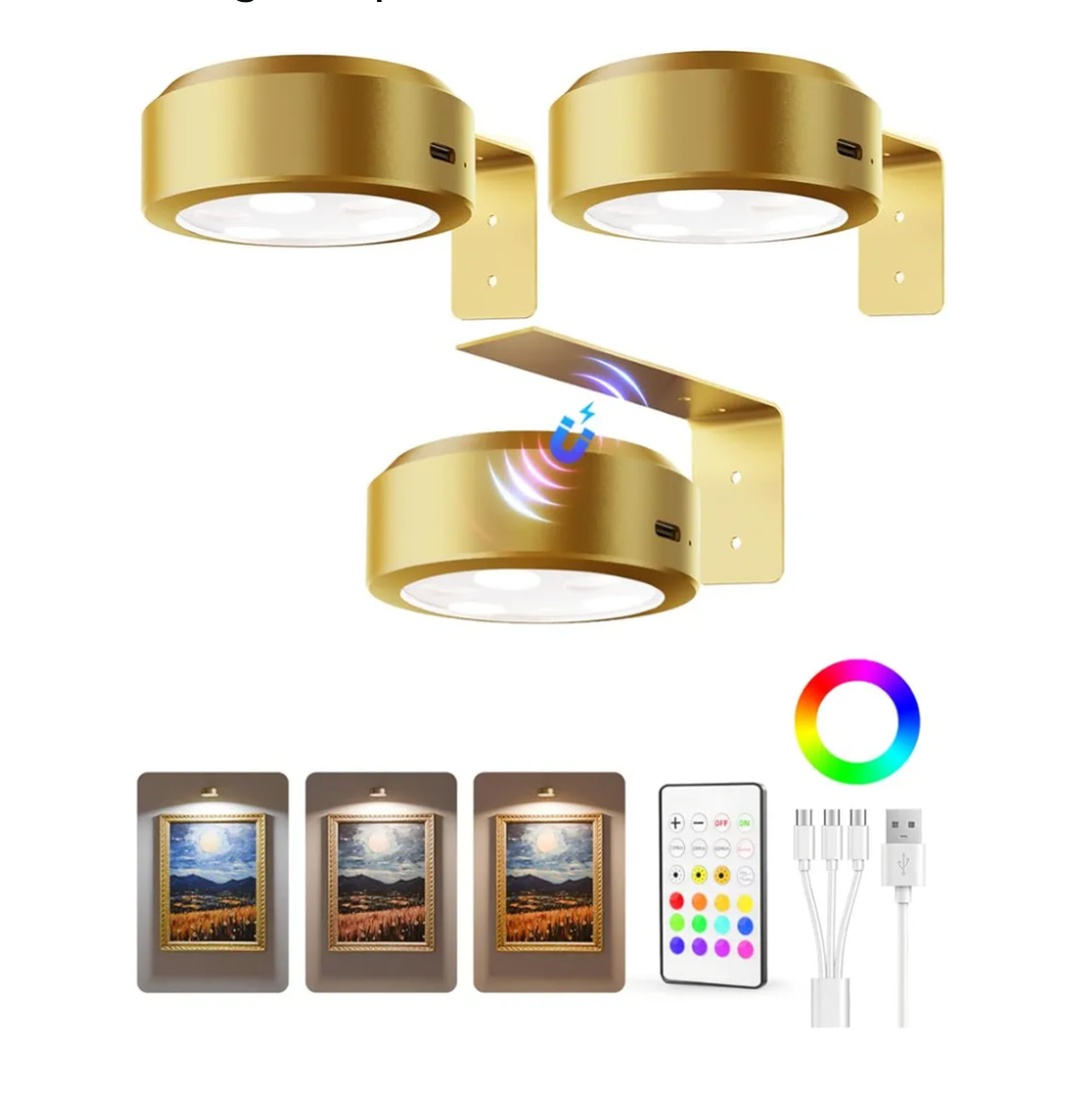 EZVALO Picture Lights for Wall, 2000mAh Rechargeable Battery Magnetic Poster Lights with 3 Color Temps & 12 RGB, Remote Dimmable Timer Painting Light, Wall Decor Light for Art Display, Frame (3 Pack)