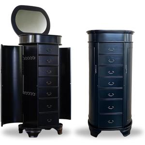 Hives and Honey Daley Oval Jewelry Armoire, Stylish Standing Organizer with Mirror, 7 Drawers, 20 Necklace Hooks, Anti-Tarnish Lining, Divided Storage, Black
