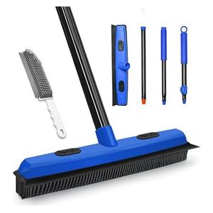 Rubber Broom with Squeegee, Pet Hair Removal 52.8 inches Long Handle, Push Fur Remover Tool with Portable Detailing Lint Brush for Fluff Carpet, Window, Tile, Hardwood Floor Cleaning