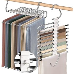 9 Layers Pants Hangers Space Saving, 2 Pack Multifunctional Pant Rack Stainless Steel Closet Organizer for Pants Jeans Leggings Trousers, Antique White