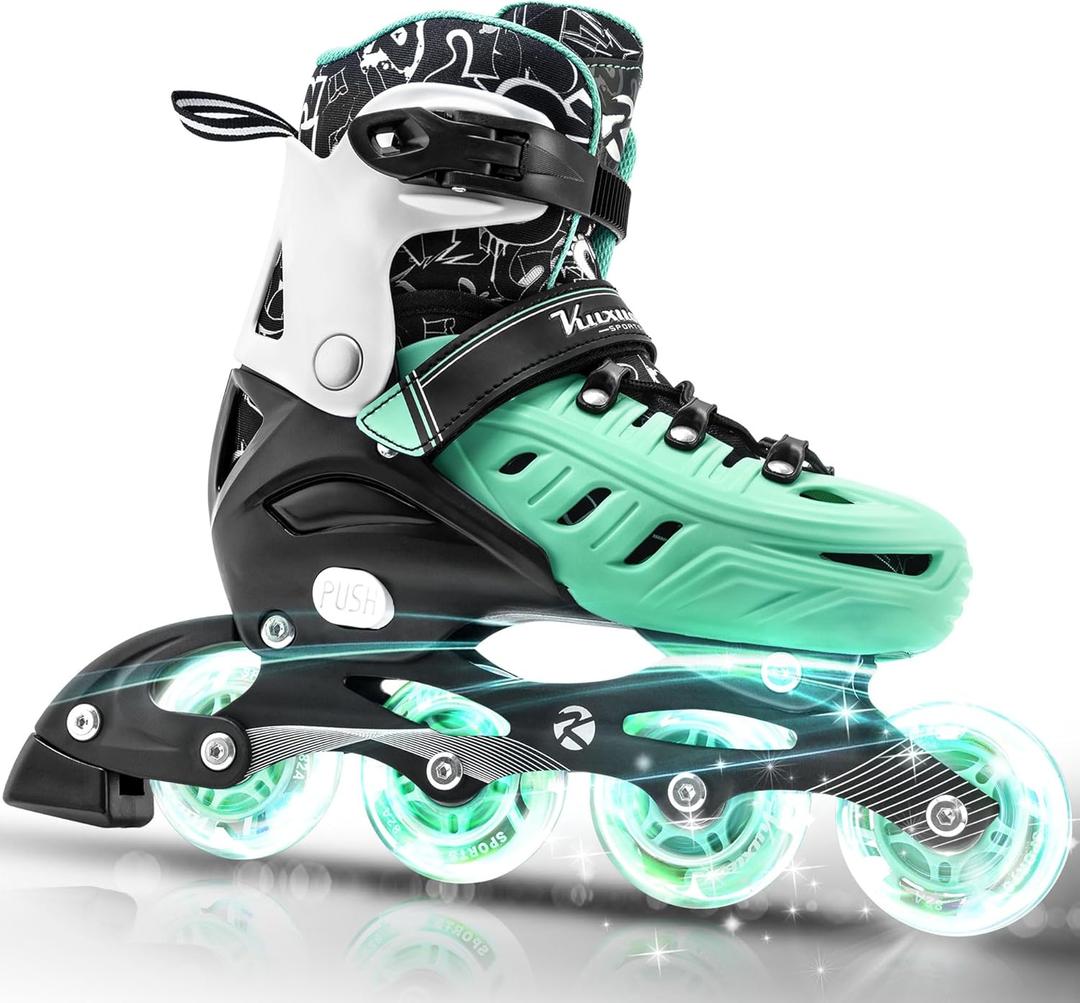 Inline Skates for Kids and Adult, Adjustable Fun Illuminating Skates for Girls, Boys, Women and Men Outdoor and Indoor, Beginners (Large-Youth & Adult, Green)