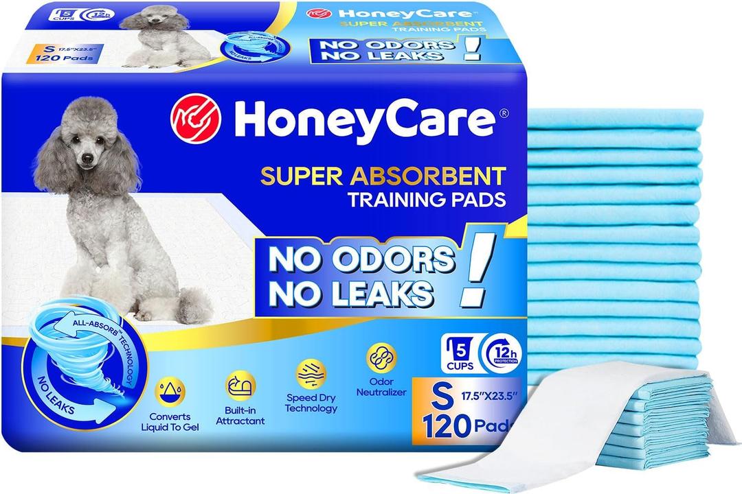 Honey Care All-Absorb, Small 17.5" x 23.5", 120 Count, Dog and Puppy Training Pads, Ultra Absorbent and Odor Eliminating, Leak-Proof 5-Layer Potty Training Pads with Quick-Dry Surface, Blue, A05