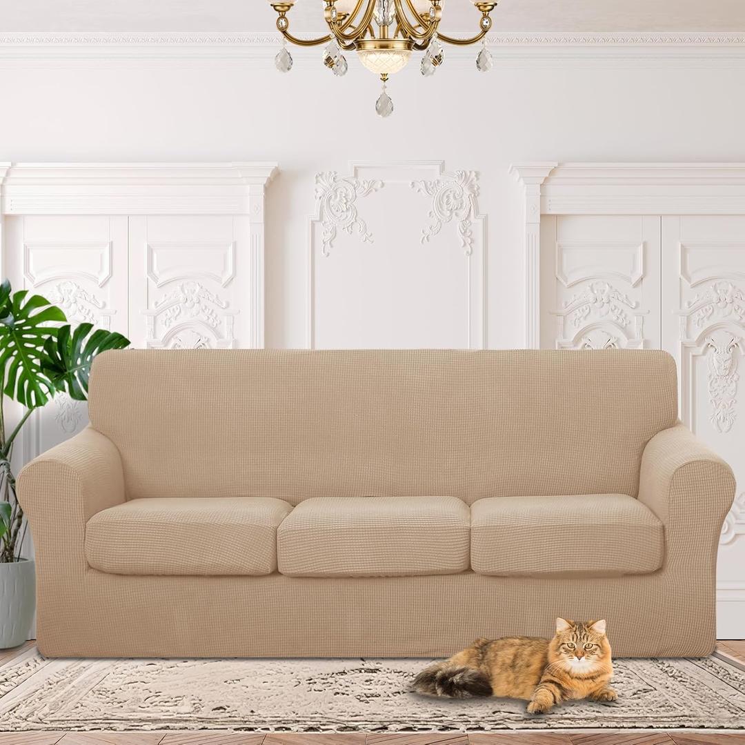 4 Pieces Stretch Couch Cover for 3 Cushion Furniture Protector Sofa Covers Washable Pet Dog Friendly Non Slip Cover with Elastic Bottom(72"-92" Sofa 3 Cushion/Camel)