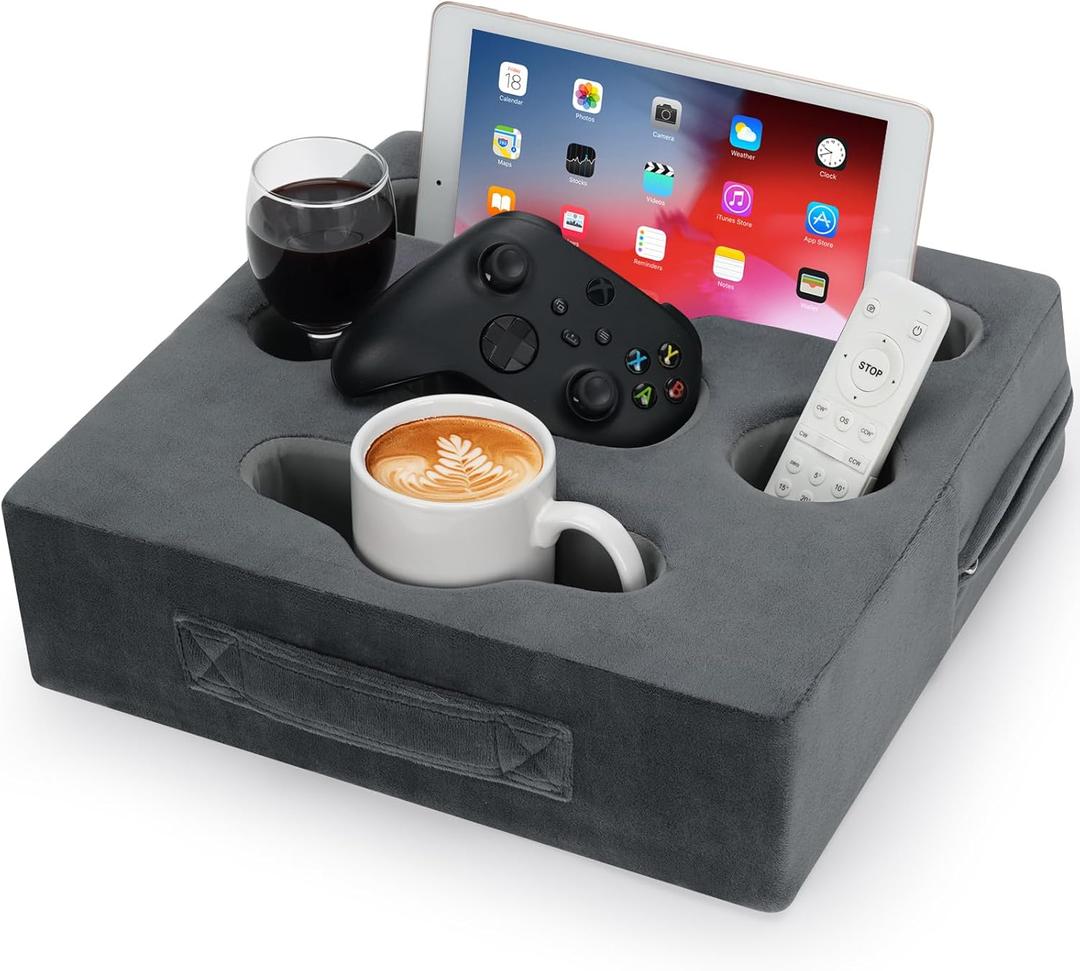 STBoo Couch Cup Holder Pillow - Sofa Drink Cup Holder Cozy Buddy | Bed Caddy Organizer Holds Remote, Snacks, Phones, Tablet | Waterproof Anti-Spill Sofa Beverage Tray for Car, Beach, RV, Boat (Grey) (Gray)