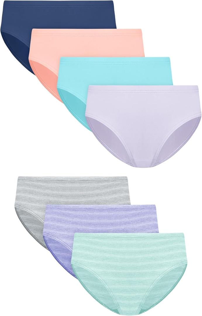 Hanes Girls' Underwear Hipsters, 7-pack, Pure Comfort Microfiber Hipster Panties for Girls, Assorted (8, Aqua/Purple/Coral/Blue)