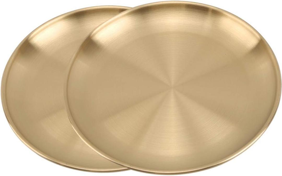 Stainless Steel Gold Plates 2 Set Round Dinner Dishes 7 Inch Metal Plates Great for Picnic,Outdoor Camping Plate,Shatterproof Dishwasher Safe