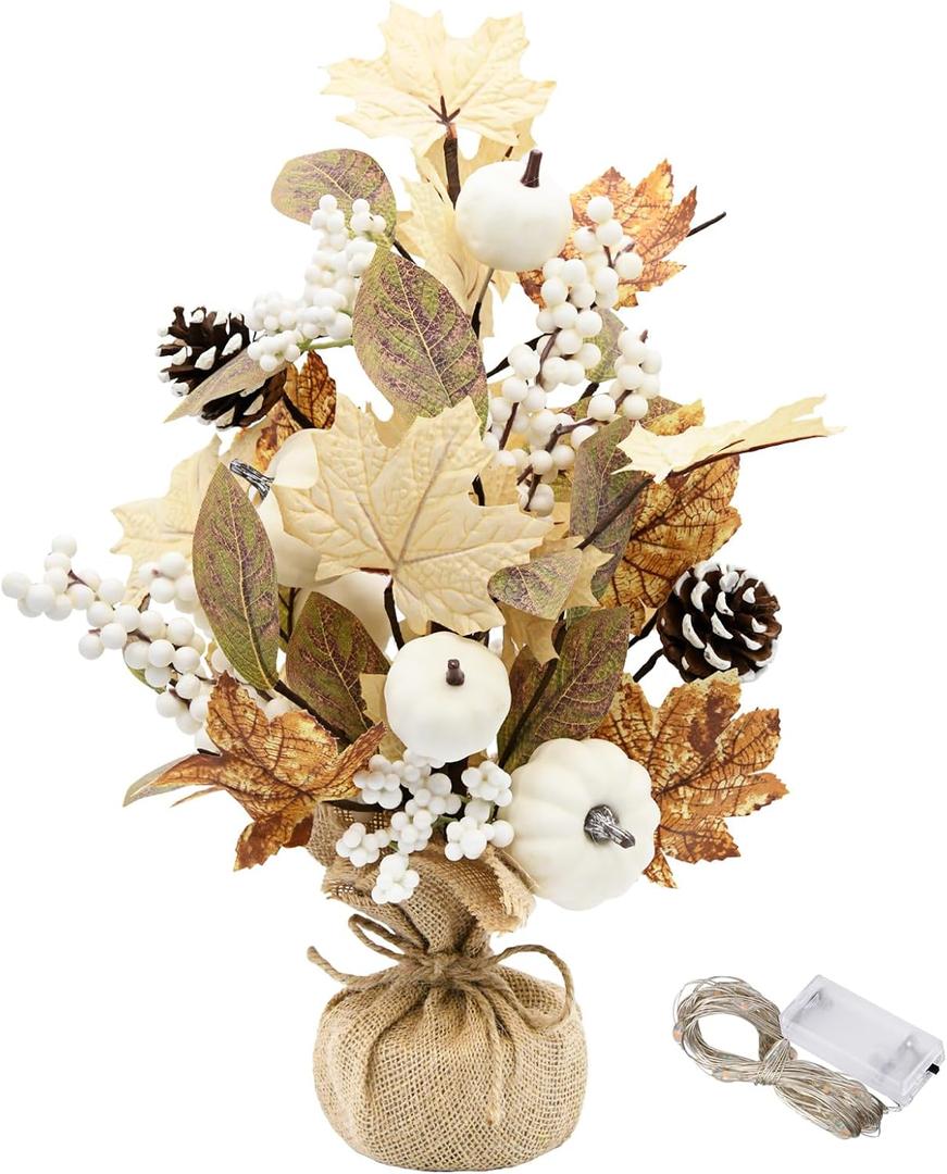 Thanksgiving Maple Leaf Table Tree Decorations Indoor, 20 inch Fall Artificial Pumpkin Centerpieces Decor, Pumpkin Table Tree Decorations for Autumn Party Holiday Home, Neutral