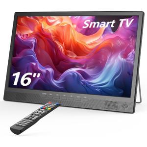 Desobry 16" Small Smart TV, LCD Small Kitchen TV with WiFi | Bulit-in 180°Adjustable Stand/ATSC Tuner/HDMI/USB/AV for Camping, Bedroom, RV, Patio, Indoor & Outdoor Use