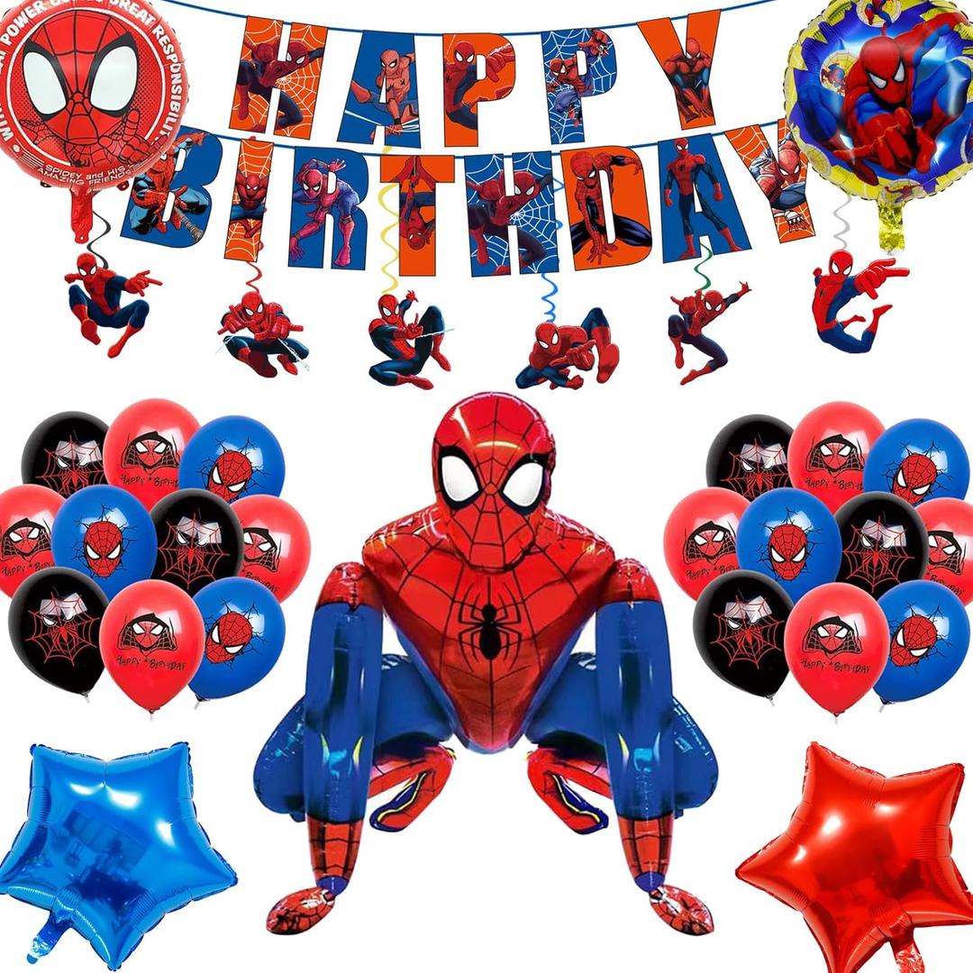 Cartoon spidey - themed birthday party supplies: "Happy Birthday" banner, 12inch latex balloons , 2 types of aluminium balloons hanging swirls,assemble the aluminum balloon