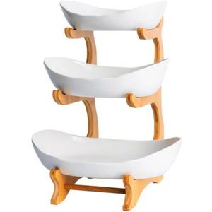 YWHWXB Multi-Layer Fruit Bowl with Natural Bamboo Rack, Plastic Wooden Frame Candy Plate, Large Capacity Snack Bowl Set, Bamboo Food Serving Tray for Kitchen Counter (White, Triple Layer)