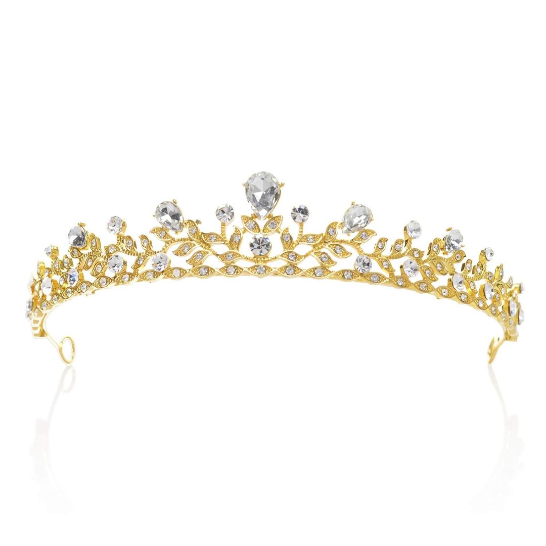 SWEETV Crystal Wedding Tiara for Bride & Flower Girls - Princess Tiara Headband Pageant Crown, Bridal Hair Jewelry for Women and Girls, Gold