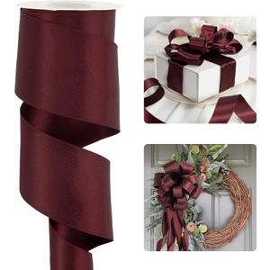 HUIHUANG Burgundy Satin Wired Ribbon 2.5 inch Wine Red Double-Faced Satin Wire Ribbon for Wreaths, Bows Making, Gift Wrapping, Home Decor, Crafts, Christmas Tree Bows-Continous 10 Yards