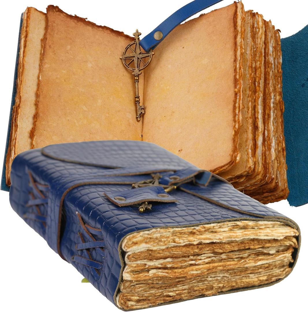 Wanderings Vintage Leather Journal - Blue Alligator Print Leather Journal 4"x6" - Small Blue Full Grain Leather Bound Journal with Old Fashioned Deckle Edge Paper - Perfect for Writing, Sketching