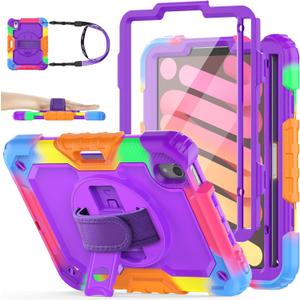 SEYMAC stock Case for iPad Mini 7 (A17 Pro)2024/ Mini 6 8.3'' with Screen Protector Pencil Holder [360 Rotating Hand Strap] &Stand, Drop-Proof Case for iPad Mini 7th/6th Generation 8.3"Purple+Colorful