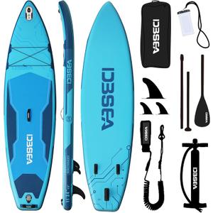 11'×34"×6" Inflatable Paddle Board, Wide Stable SUP with Adj Paddle, Pump, Backpack, Leash, Waterproof Bag – Ideal for Beginners, Yoga, Fishing - Deep Tide