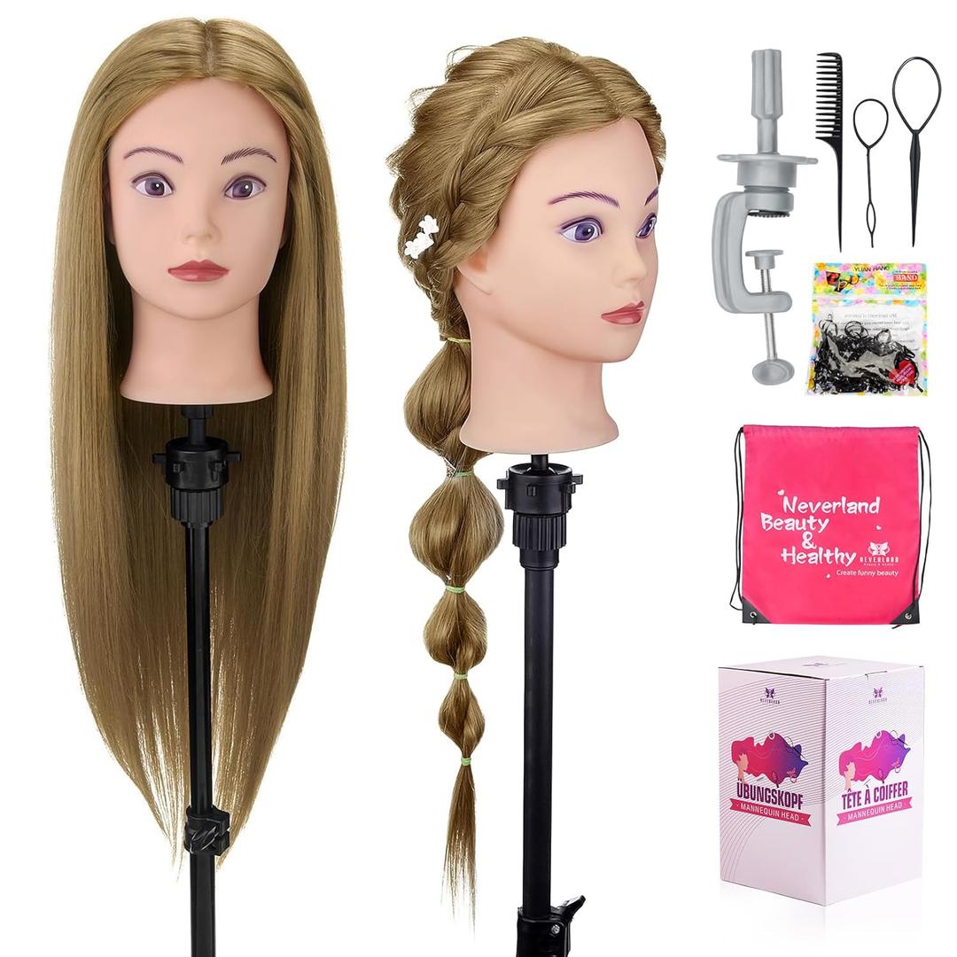 28" Mannequin Head Human Hair, 80% Real Hair Mannequin Head, Cosmetology Manikin Doll Head for Hair Styling Set #27, Training Practice Braiding Head with Table Clamp Suitable for Hair Extensions (27 Light Brown)
