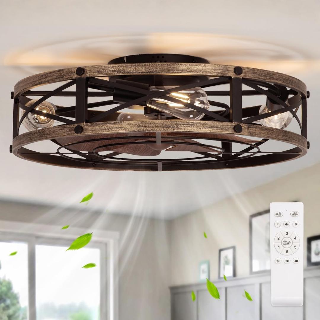 SHLUCE 22" Farmhouse Ceiling Fan with Light, Rustic Caged Bladeless Low Profile Ceiling Fans with Lights and Remote, Modern Flush Mount Ceiling Fans with Lights for Bedroom, Living Room - ETL, 22in Flush Mount