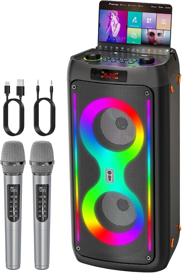 Karaoke Machine for Adults, Portable Bluetooth Speaker with 2 Wireless Microphones, PA System with Disco Lights for Big Party, Outdoor, Supports USB/TF/REC/AUX, Ideal Gifts for Family, Music Lover (k71)