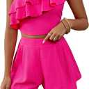 OYOANGLE Women's 2 Piece Outfits Ruffle Trim One Shoulder Sleeveless Crop Top and Elastic Waist Shorts Set Hot Pink X-Large