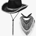 Western Cowboy Costume Set Bandana Wide Brim Western Style Sequins Cowgirl Hats & Tassel Scarf 2PCS Set for Party