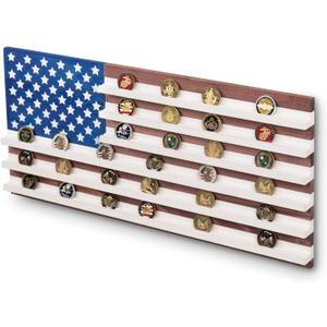 MyGift Solid Wood Wall Mounted Military Challenge Coin Holder Display with Vintage American Flag