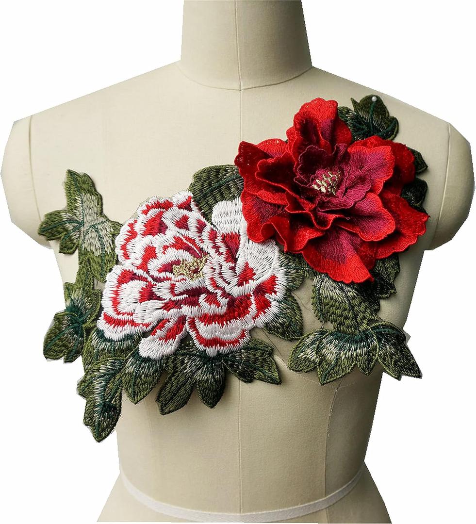 Large Embroidered 3D Peony Flowers Leaves Sew Patches Trimmings Applique Wedding Gown Dress Bridal Evening Cheongsam Dress DIY Decoration Craft (red)