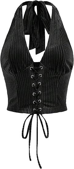 WDIRARA Women's Lace Up Front Denim Halter Tops Deep V Neck Tie Back Smocked Sleeveless Crop Top (Medium, Black)